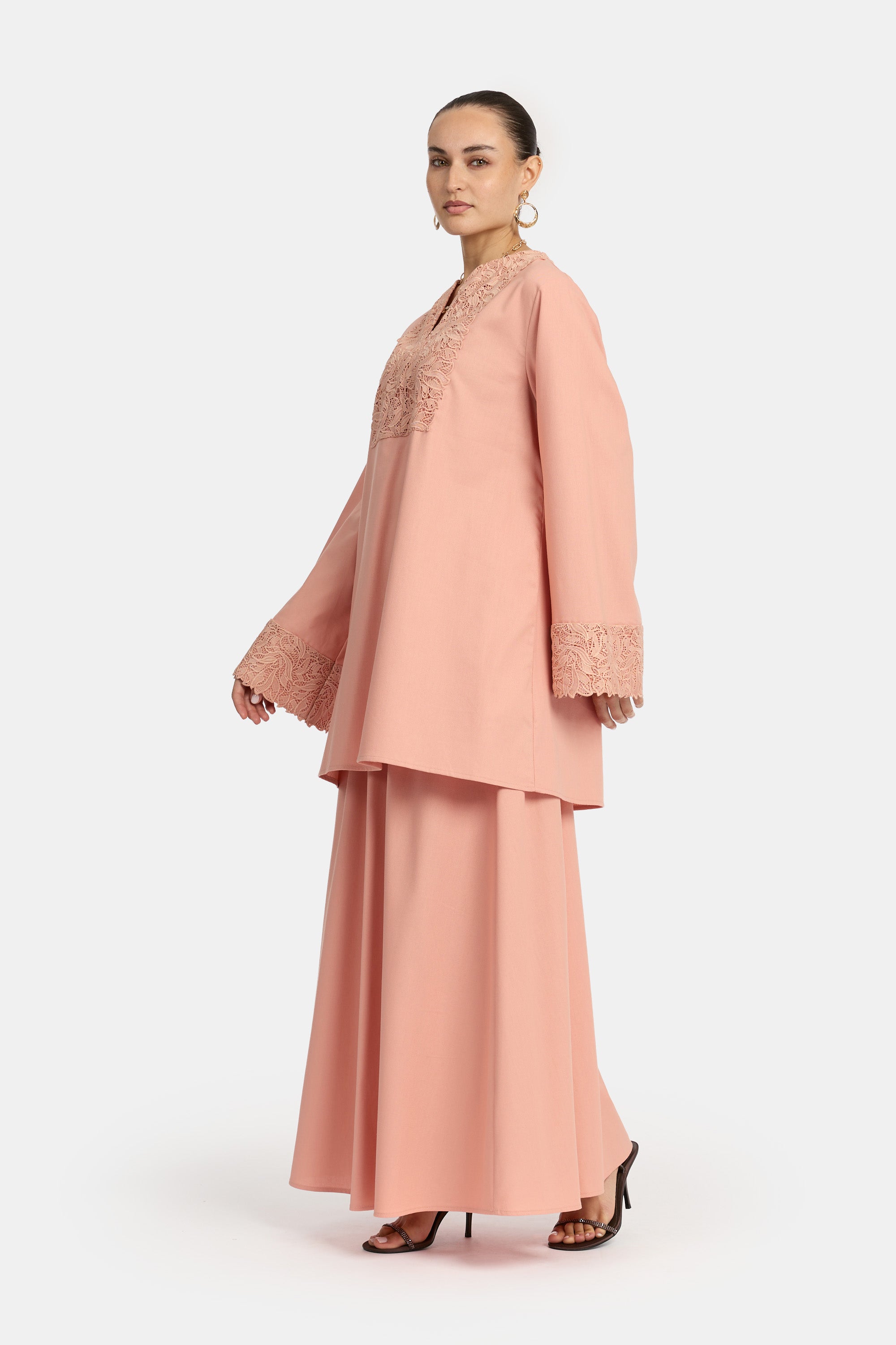 Ensemble jupe et top en dentelle de lin - Saumon