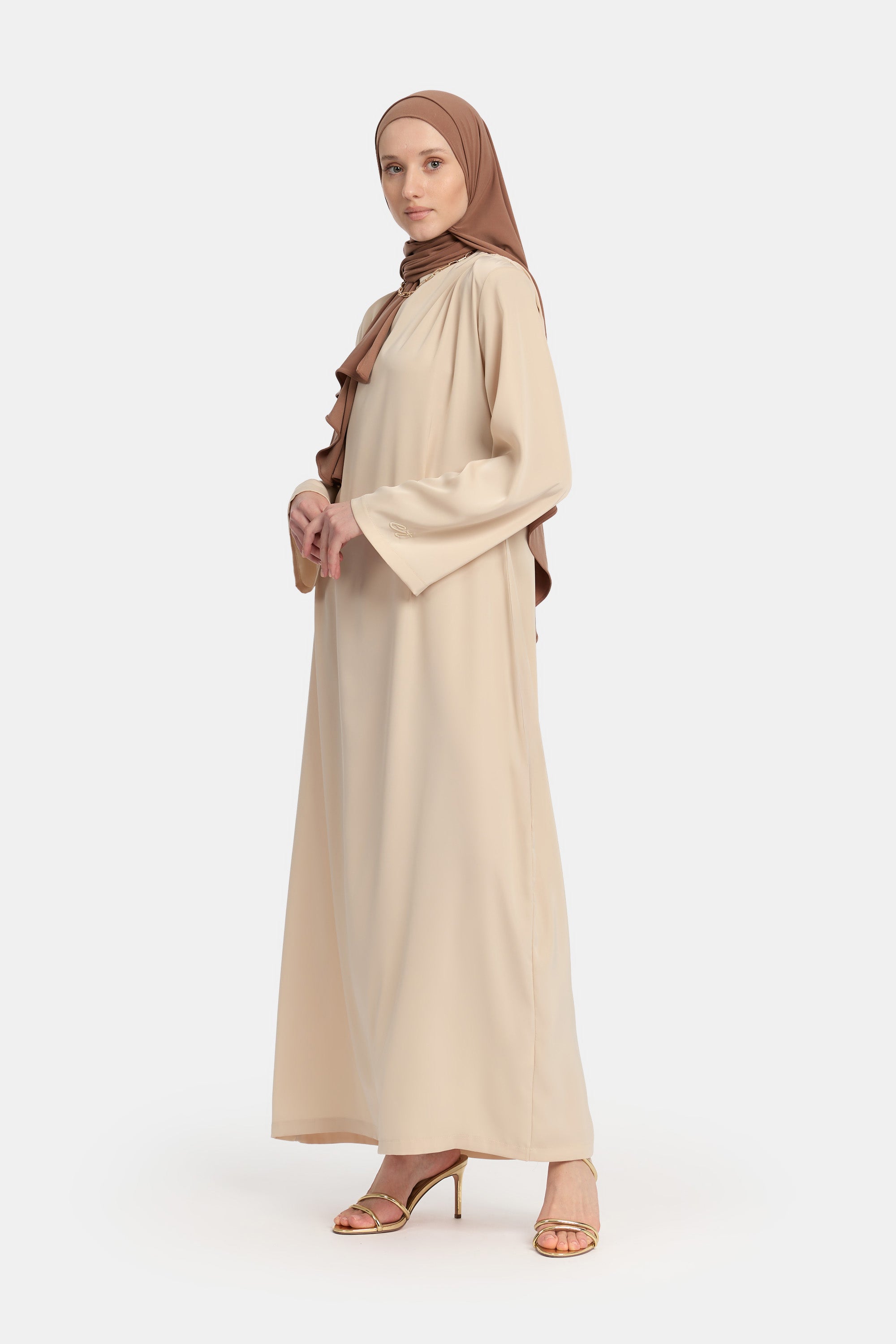 Draped Shoulder Satin Dress - Almond
