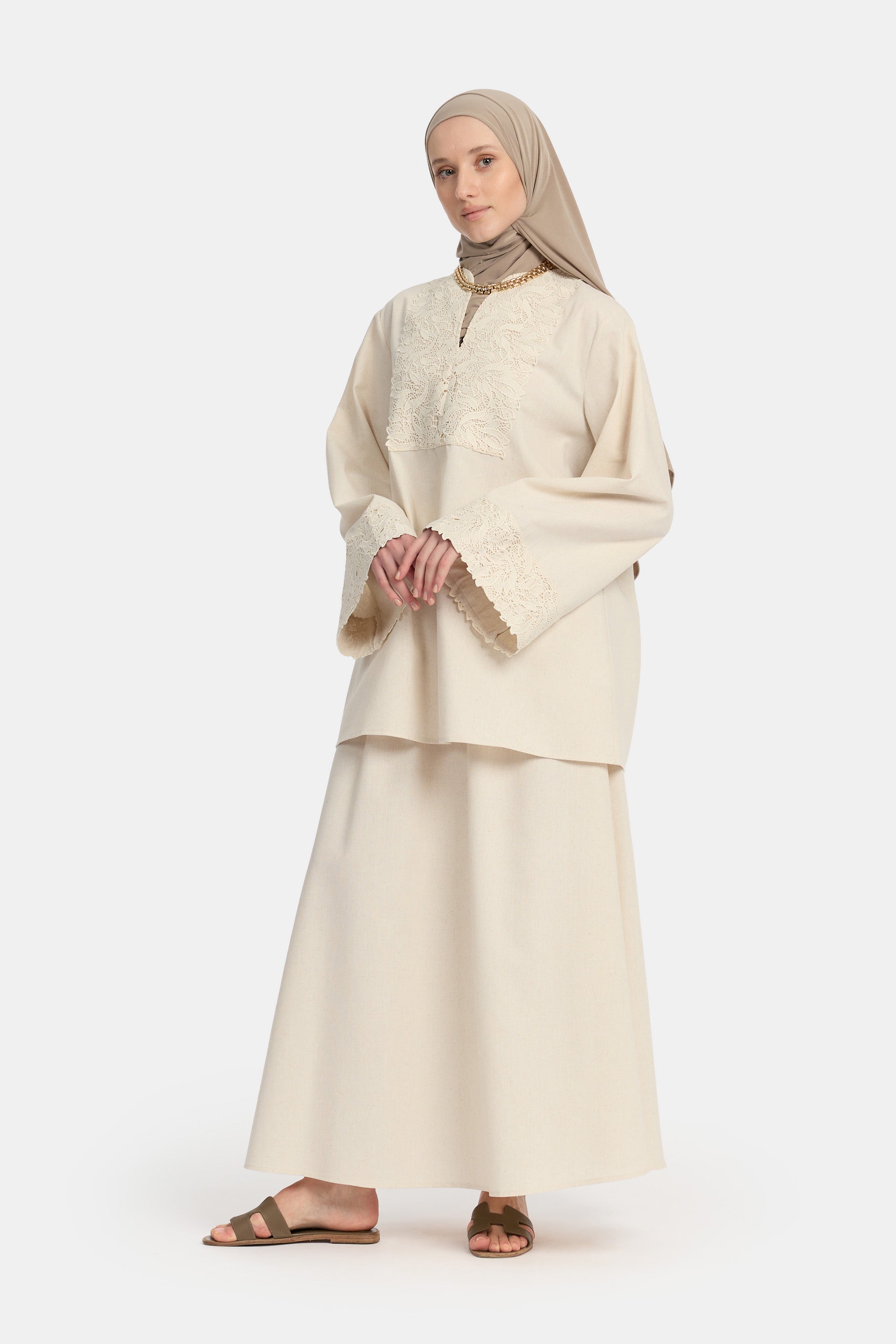Ensemble jupe et haut en dentelle de lin - Amande