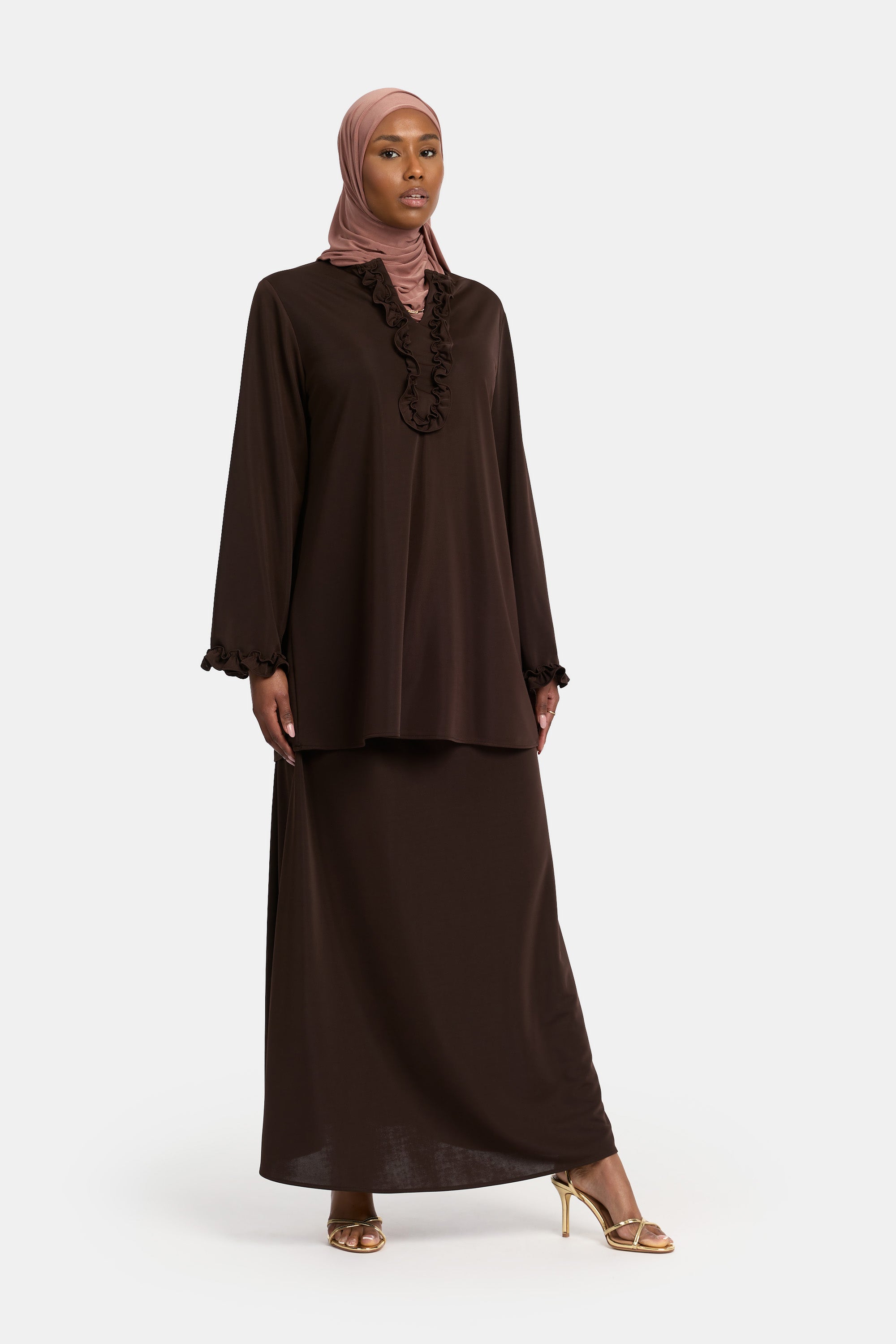 Ruffle Style Skirt Set - Dark Brown