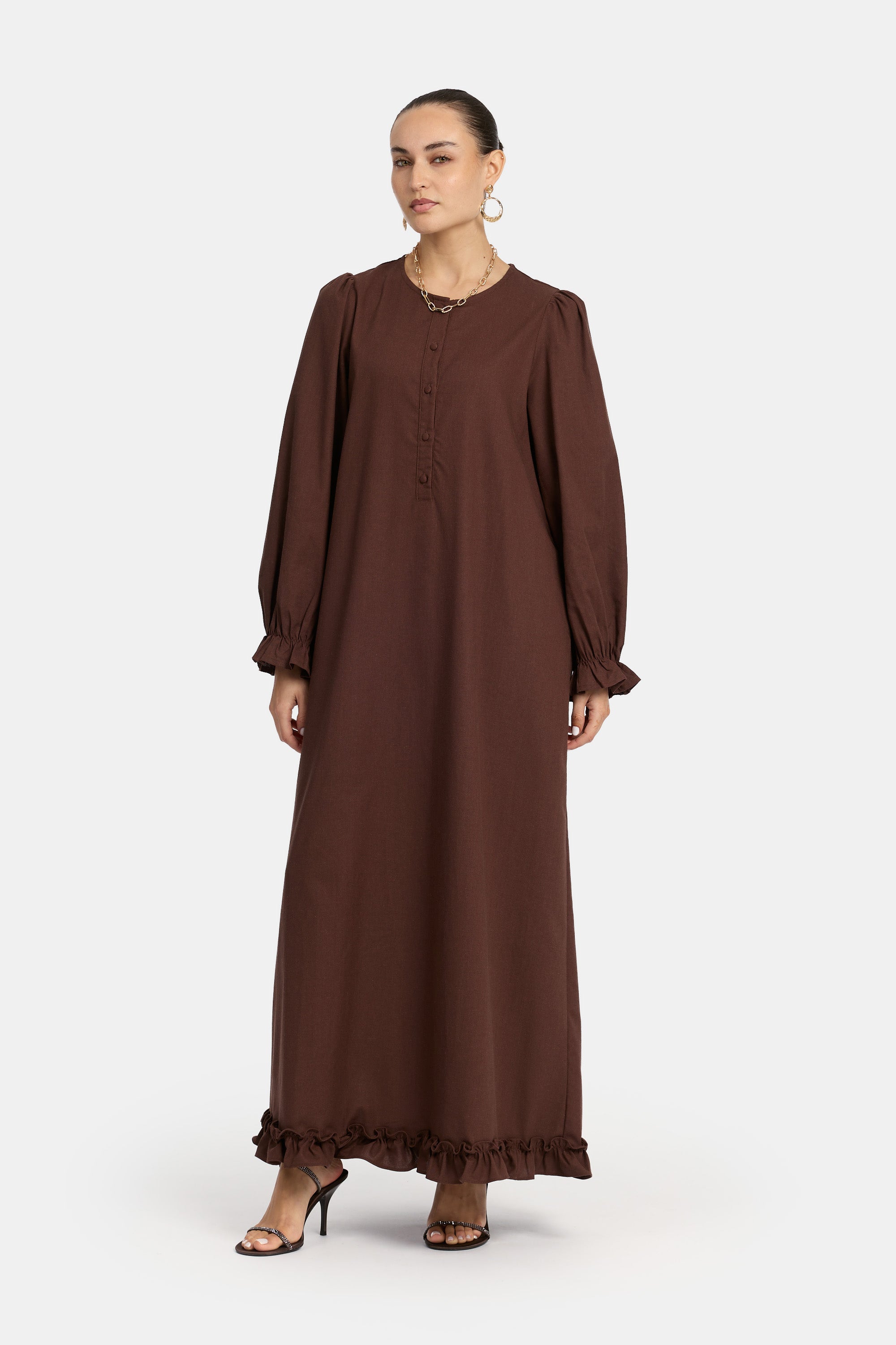 Robe longue à volants - Marron foncé
