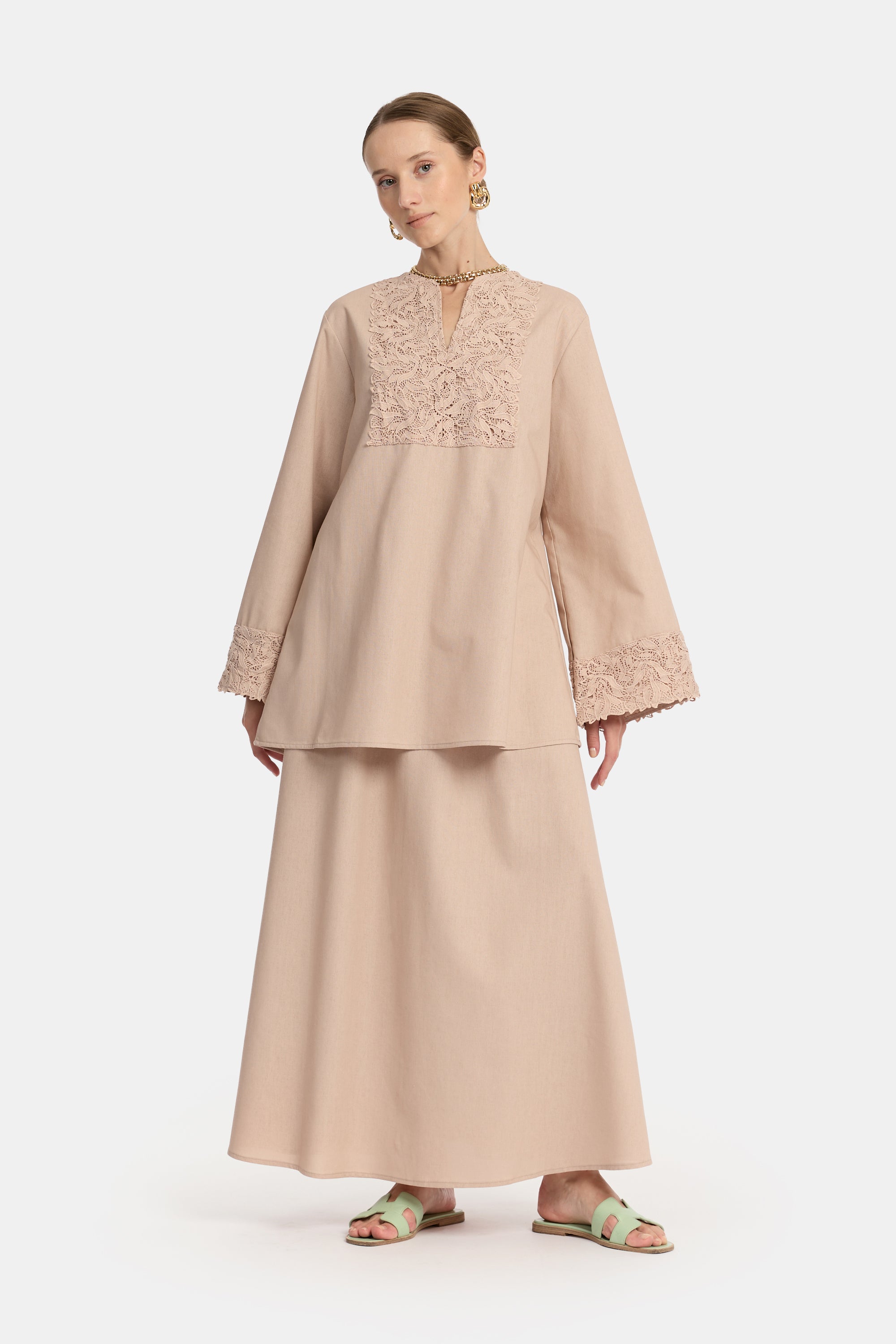 Linen Lace Skirt Set - Sandy Beige