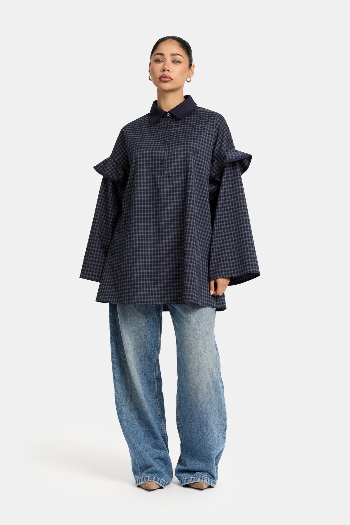 Checked Blouse - Navy Blue