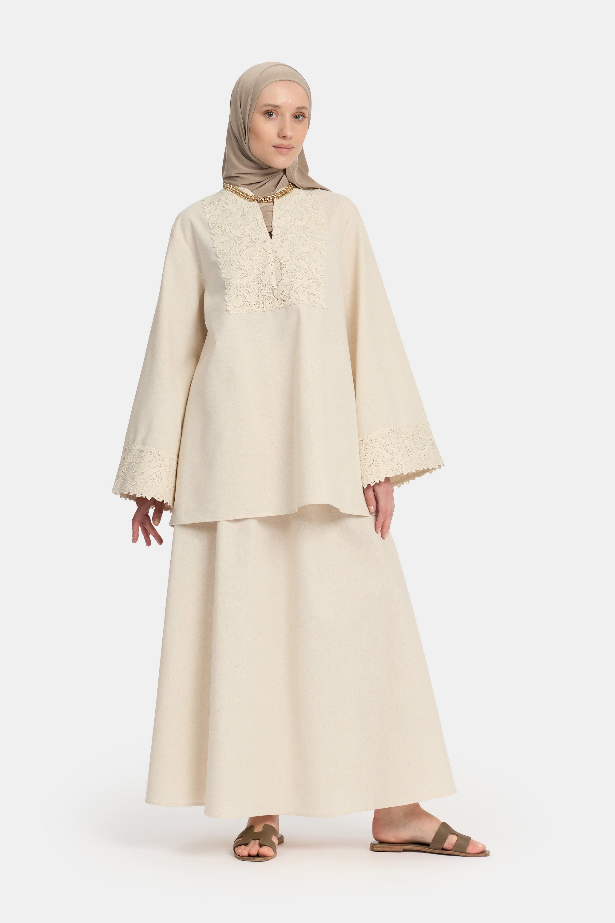 Linen Lace Skirt Set - Almond