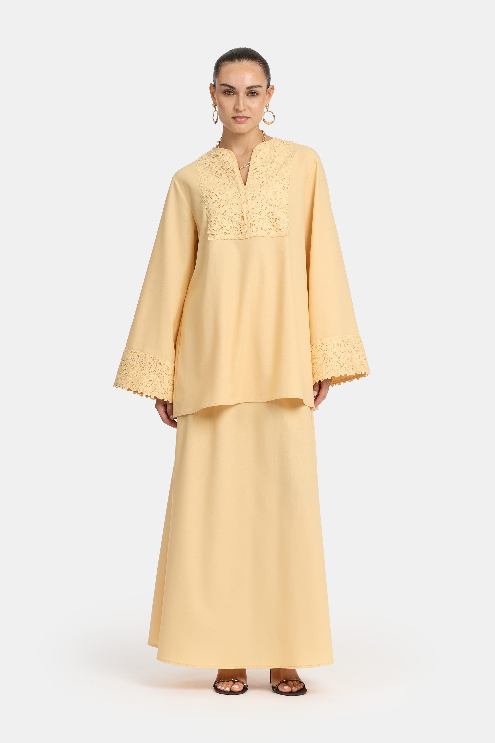 Linen Lace Skirt Set - Yellow
