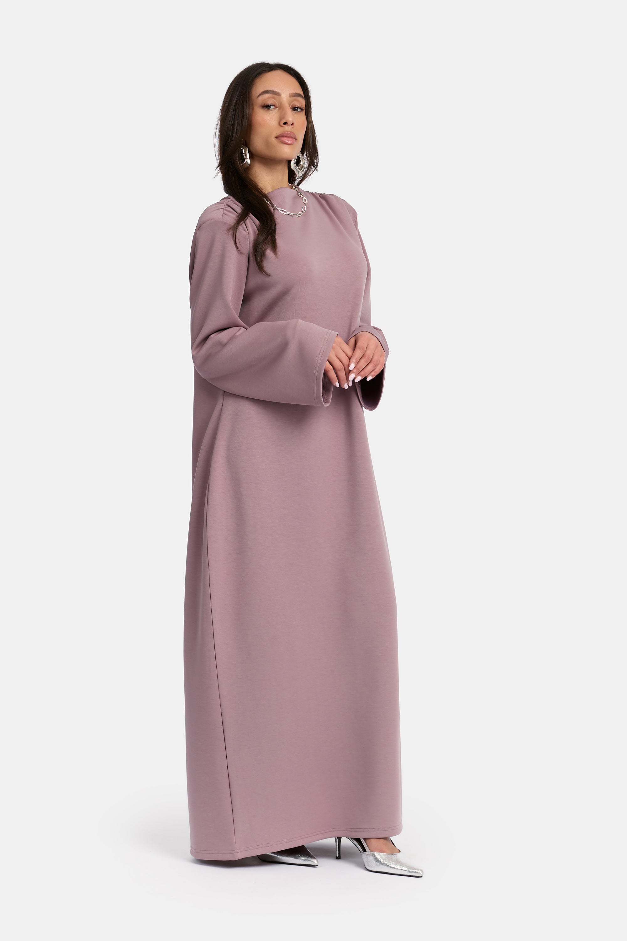 Draped Shoulder Dress - Mauve Purple