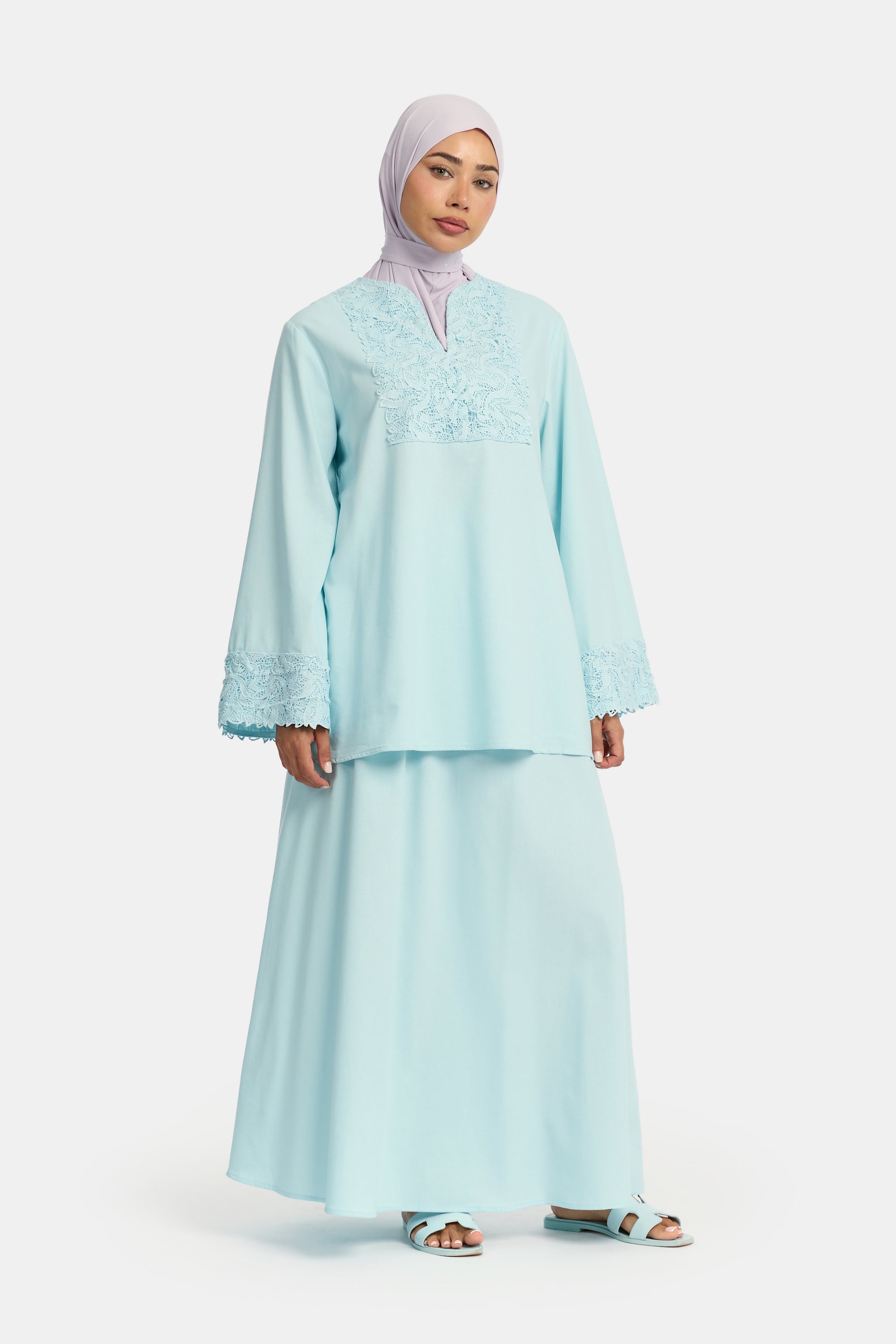 Linen Lace Skirt Set -Sky Blue