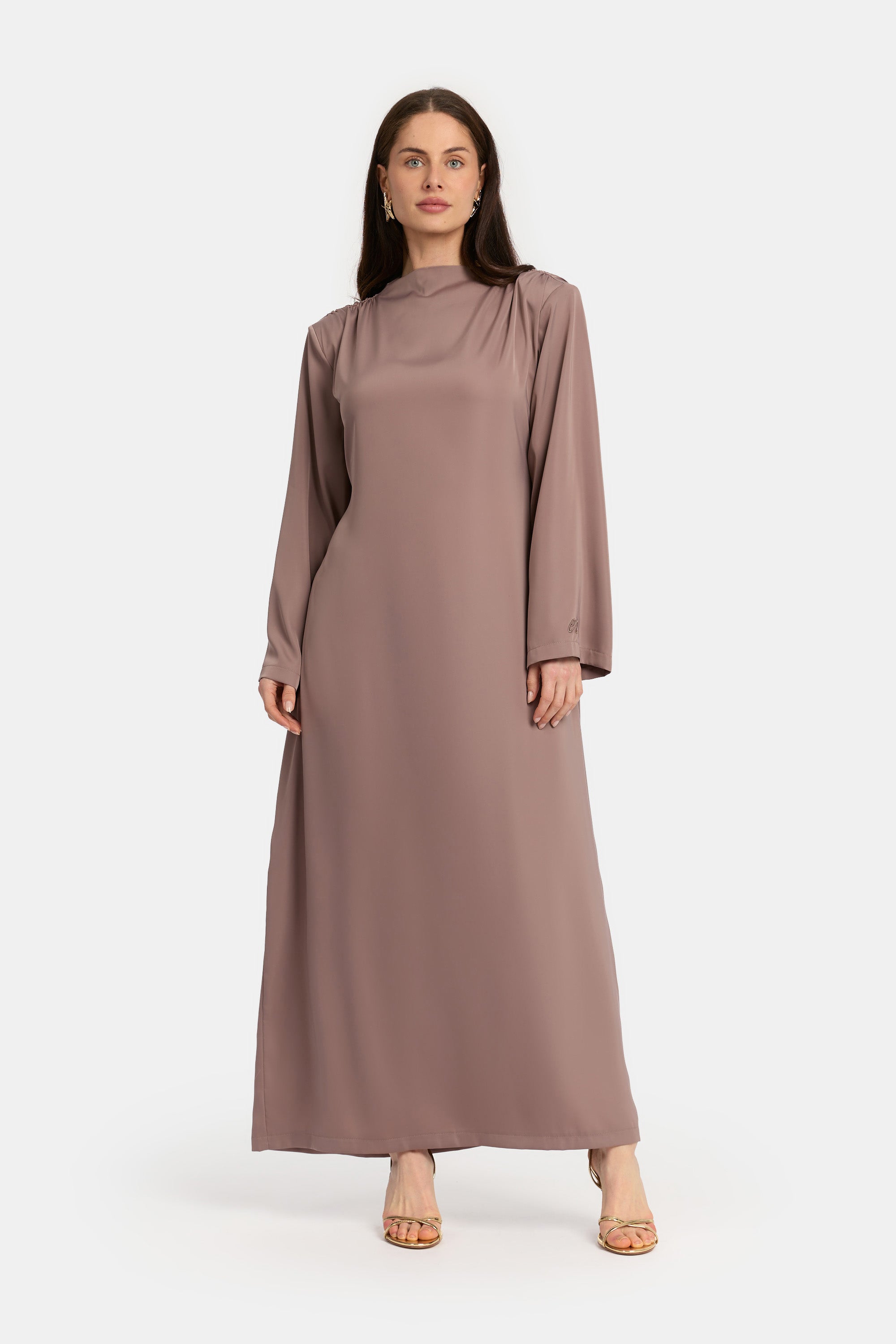 Robe en satin drapée sur l'épaule - Rose poudré