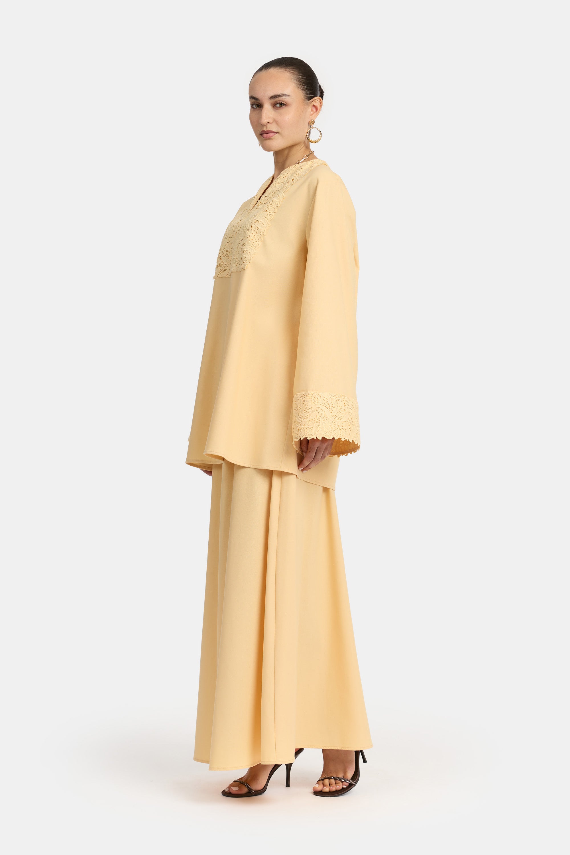 Linen Lace Skirt Set - Yellow