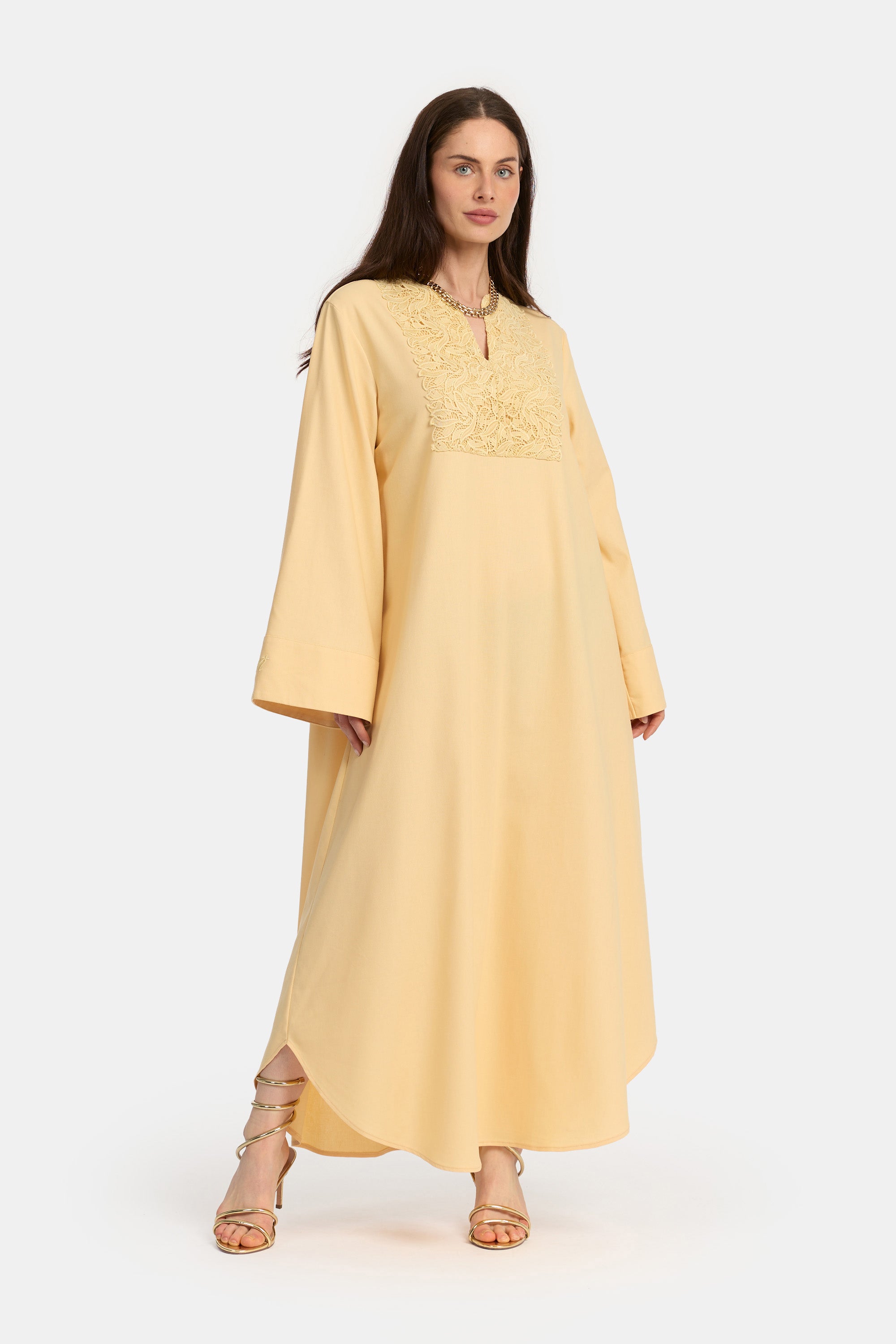 Robe en lin à dentelle - Jaune