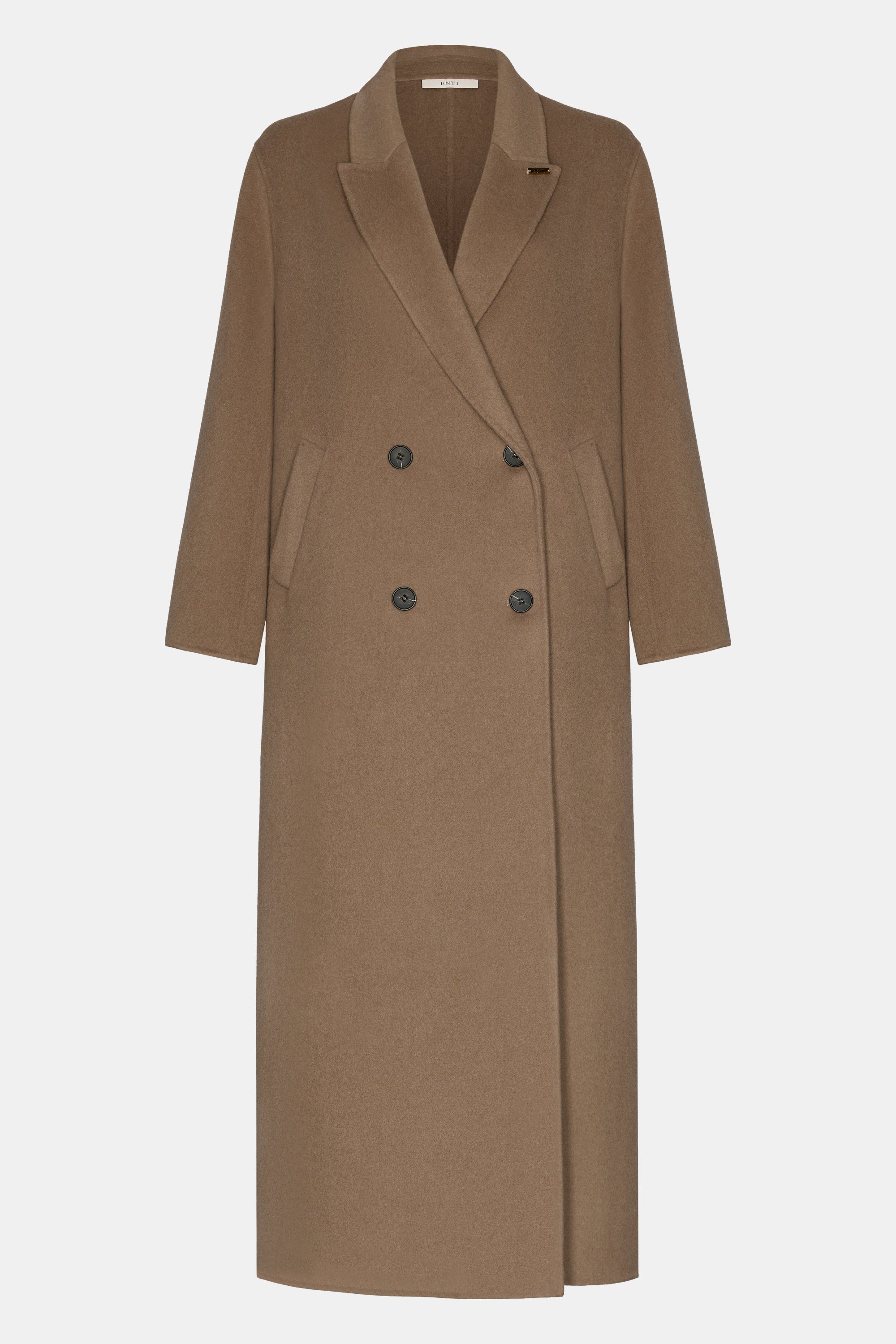 mannequin van de wollen jas van het modest merk enti in de kleur bruin