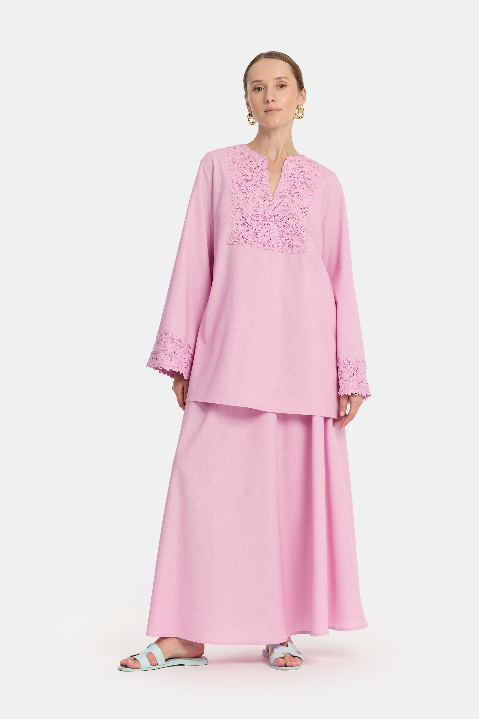 Linen Lace Skirt Set - Purple Pink