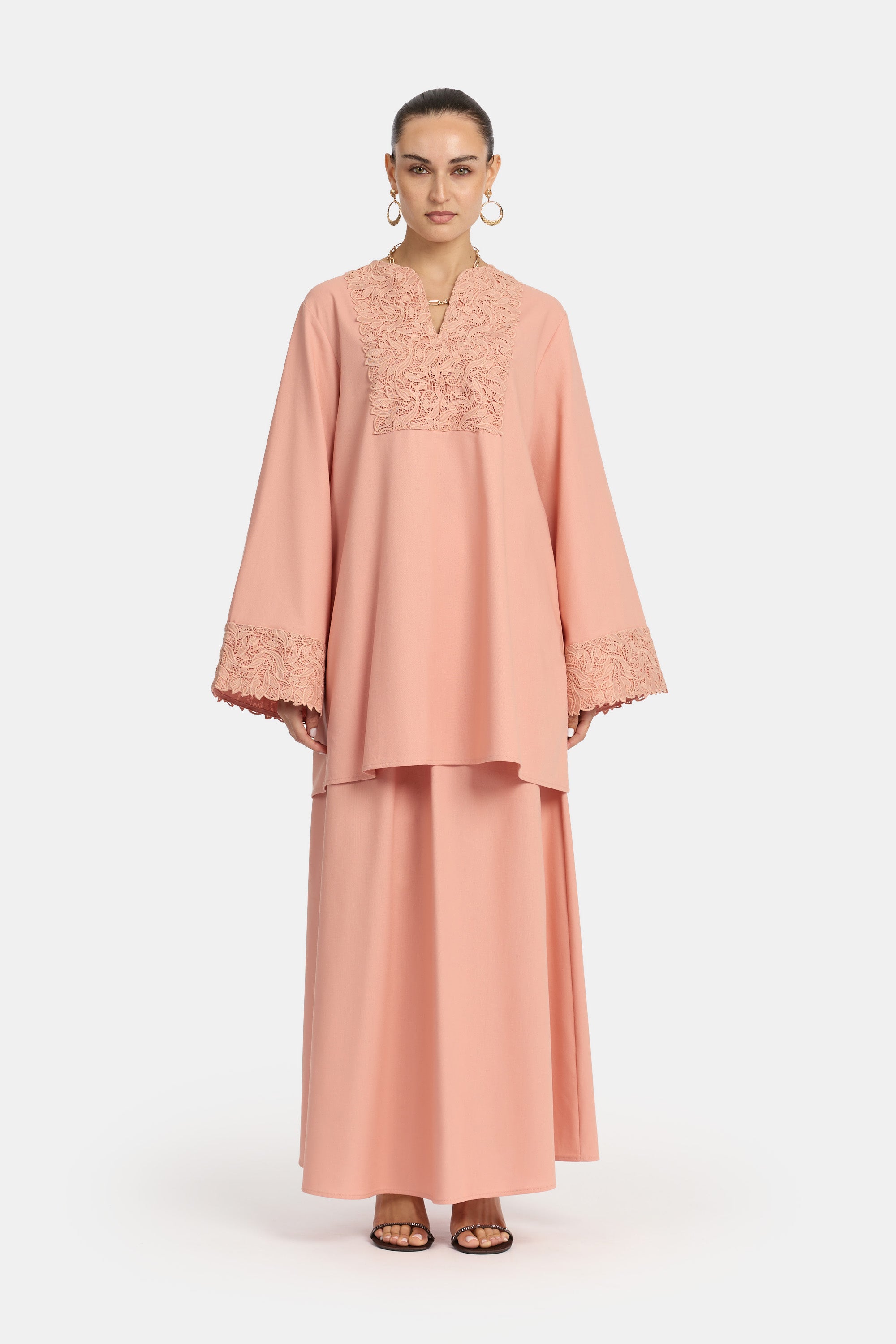 Linen Lace Skirt Set - Salmon